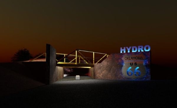 A simulated nighttime view of the model for Ocra-Projects' Route 66 bridge monument.