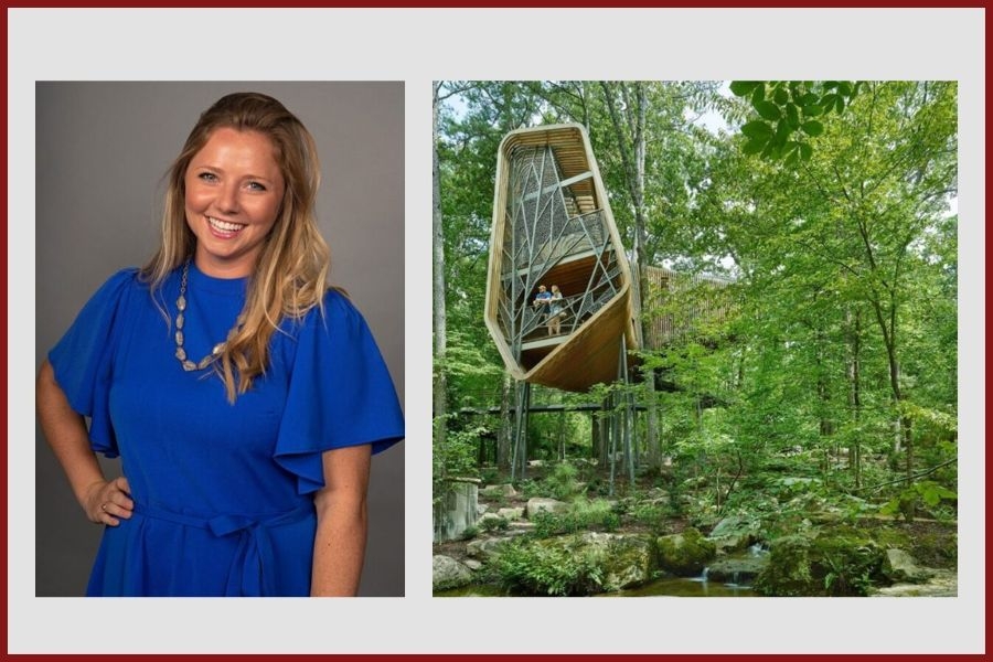Kiara Gilmore and an elevated structure for forest viewing.