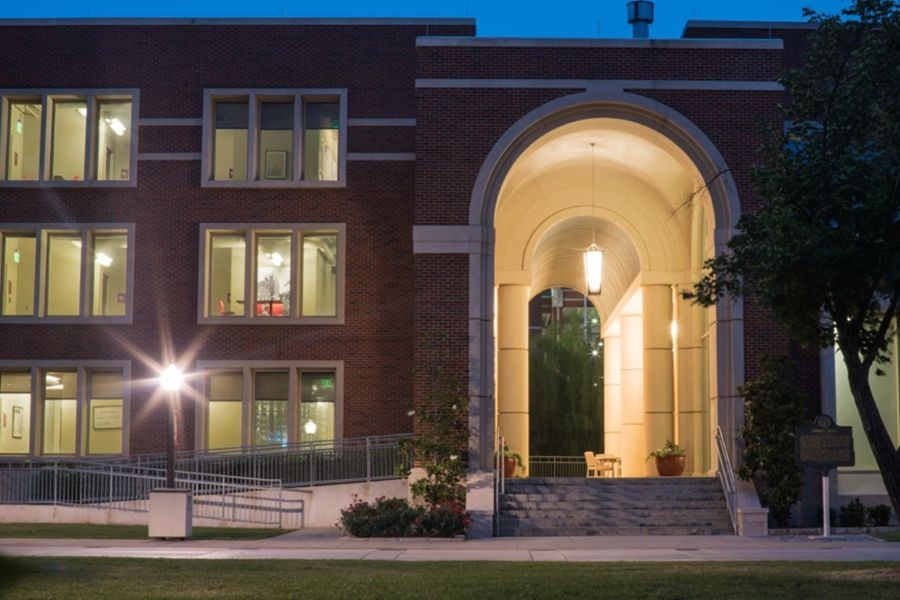 Gould Hall at night.