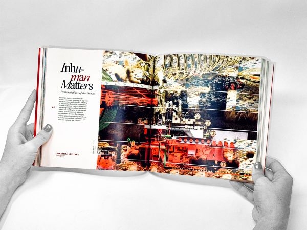 Hands holding an article titled "Inhuman Matters" with a multilayered photo composition.