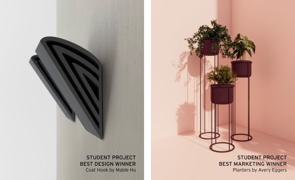 Product photos for Mable Hu's Best Design coat hook and Avery Egger's Best Marketing planters.