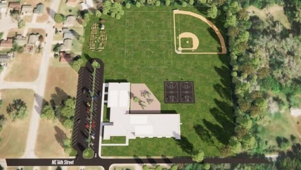 An aerial rendering of the Garden Oaks Community Center property.