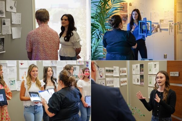 Four pictures of students presenting their mobile projects.