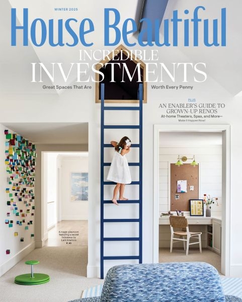 "House Beautiful" magazine cover from Winter 2025 showcasing work by Ali Ames, with a child climbing a ladder in the center of the image.