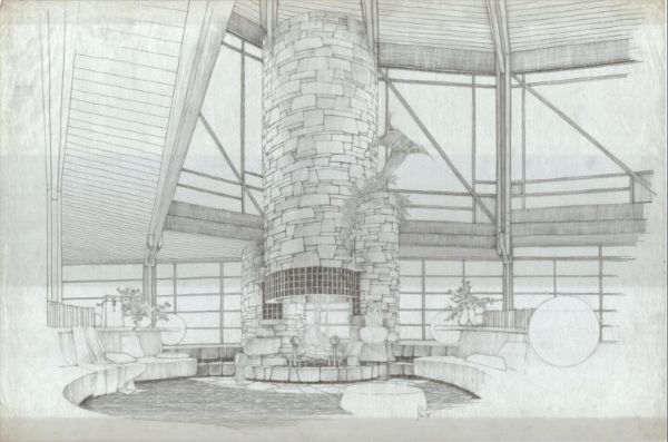 A sketch of a circular living room in the Olson Residence.
