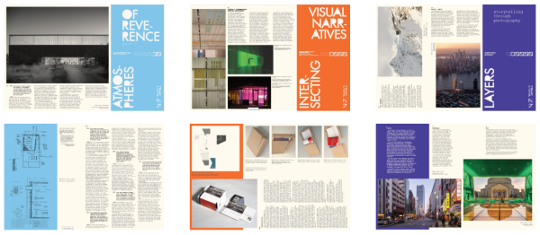 Six pages from Telesis: Unfold. Two pages are blue, two are orange, and two are purple. One blue page shows the header text "Atmospheres of Reverence." One orange page shows the header text "Intersecting Visual Narratives." One purple page shows the header text "Layers."