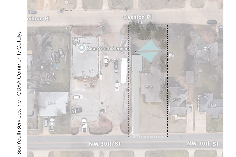 An aerial site plan showing the Sisu Youth Services property in Oklahoma City, labeled “Sisu Youth Services, Inc. – GDAA Community Catalyst” along the left side. A teal diamond shape marks the location of the new student-built pavilion behind the main building, outlined within a dashed boundary area along NW 30th Street.