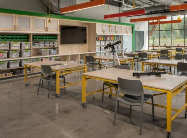 A colorful classroom and workspace.