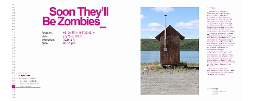 A page from Telesis with a headline of zombies and an outhouse photo. 