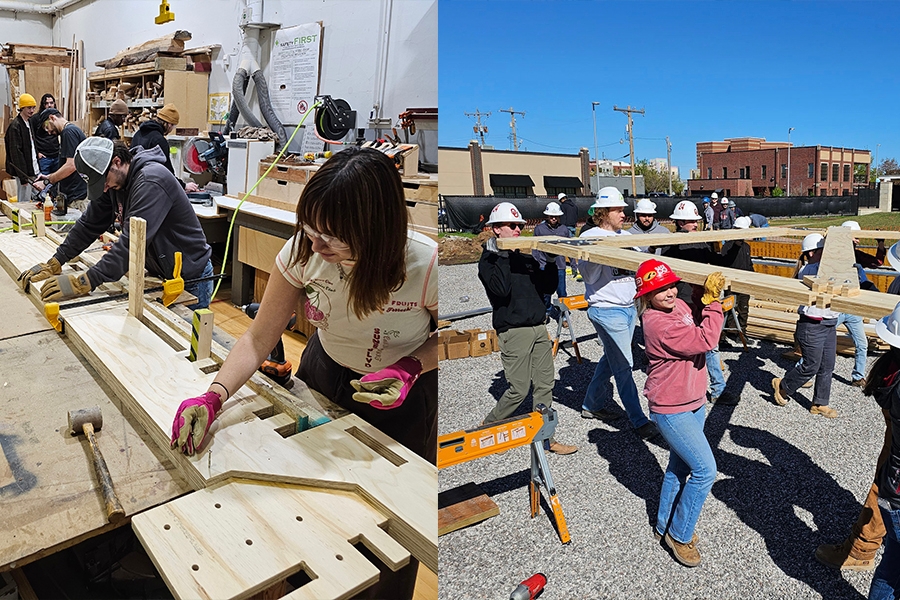 Split image showing students fabricating wooden components in a workshop on the left and carrying and assembling structural elements at an outdoor construction site on the right.