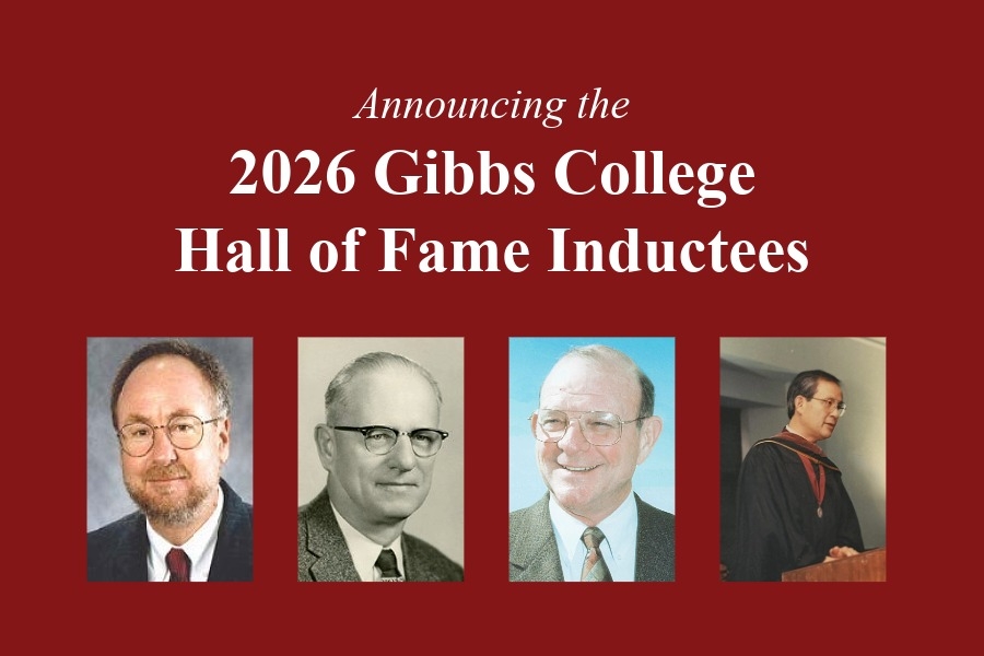 The text "Announcing the Gibbs College of Architecture Hall of Fame Class of 2026" with photos of the inductees.