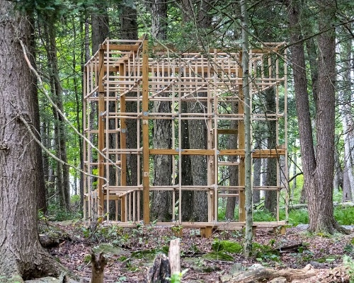 A wooden structure in the woods. 
