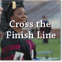 photo of female doctoral graduate with "Cross the Finish Line" text