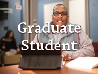 male student using laptop with "graduate student" text