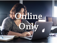 photo of female student on laptop with "online only" text
