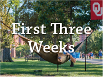 picture of student in hammock with "First three weeks" text