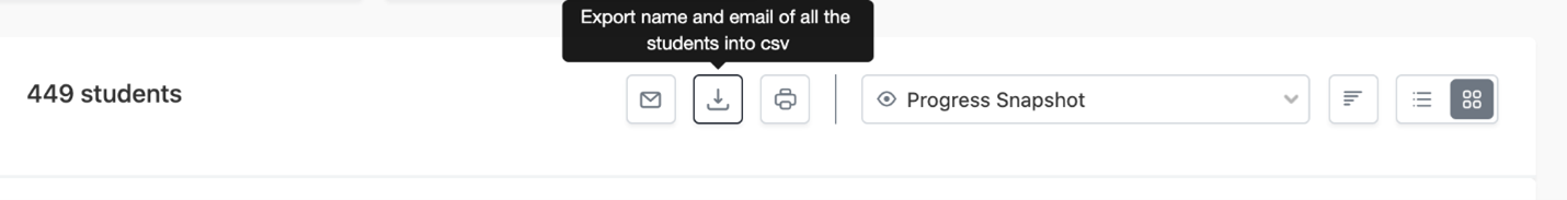 Small snippet of a student search showing the download icon and a black textbox notating that it will exports the names and emails of all the students into a csv file.
