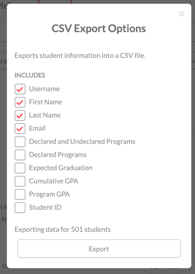 A list of export options with the user selecting username, first name, last name, and email to include in the csv export