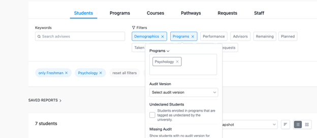 The freshmen and psychology program filters are selected and highlighted via blue buttons on the screen