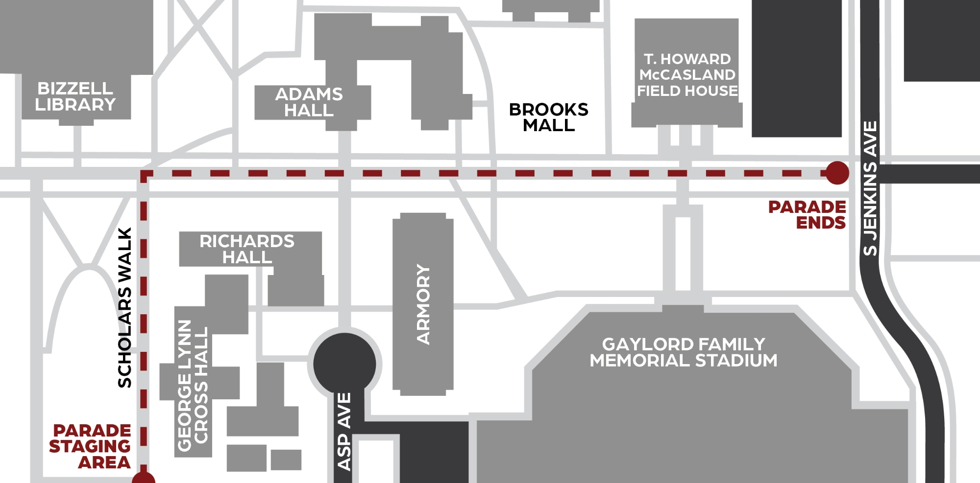 Parade procession starting west of George Lynn Cross Hall, down the Scholar's Walk, and then turning right down Brooks street, passing the Gaylord Family Memorial Stadium and stopping at the intersection of Jenkins Ave and Brooks street.