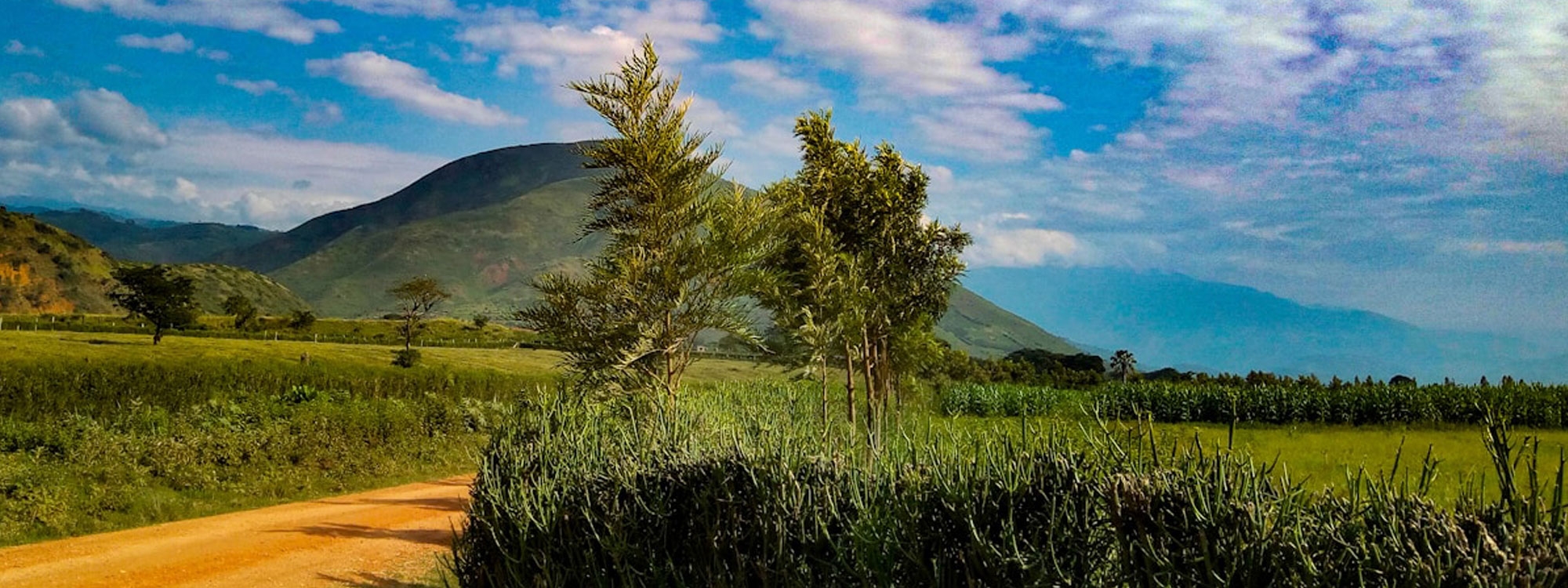 Uganda countryside with mountains and fields.