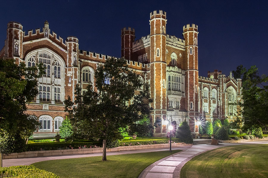 Evans Hall lit up at night.