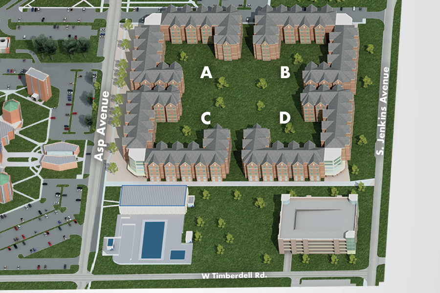 Map of Cross Village. A bird's-eye view shows that Cross Village is at the corner of Jenkins Avenue and Fourth Street. Building A and C are to the east of Asp Avenue. Building B and D are to the west of S. Jenkins Avenue.