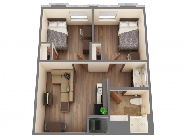 2 Bedroom/1 Bathroom floor plan for Cross Village. All of the furniture is movable to allow residents to individualize their space. This floor plan comes with a full-size bed. Residents share a bathroom with their roommate but have a private bedroom. Residents share the responsibility of cleaning their bathroom and the common areas. Fully furnished living area includes couch, end table and entertainment console (TV not included). Kitchenette includes sink, refrigerator, microwave and breakfast table with chairs.