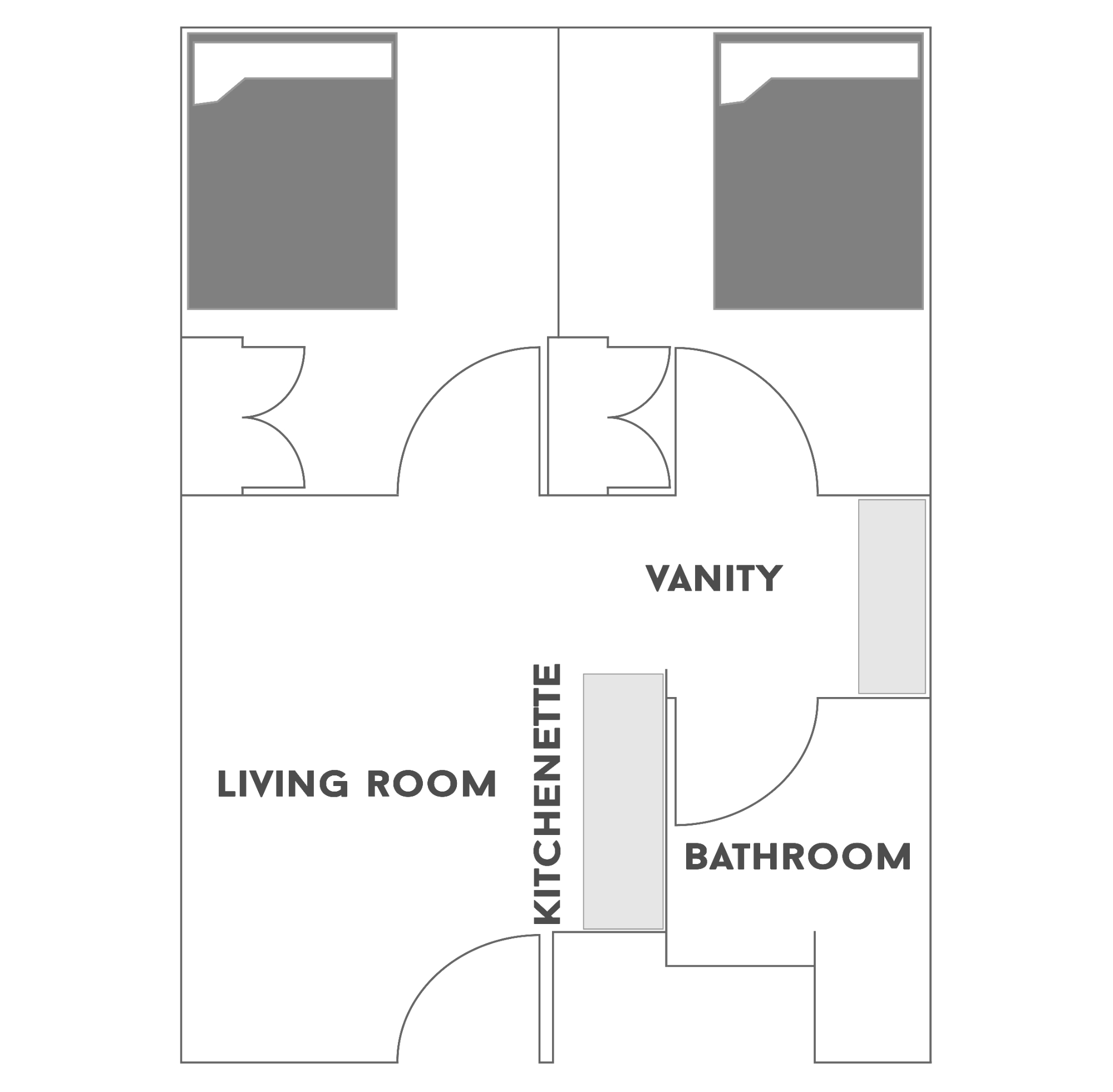 2 Bedroom/1 Bathroom floor plan for Cross Village. All of the furniture is movable to allow residents to individualize their space. This floor plan comes with a full-size bed. Residents share a bathroom with their roommate but have a private bedroom. Residents share the responsibility of cleaning their bathroom and the common areas. Fully furnished living area includes couch, end table and entertainment console (TV not included). Kitchenette includes sink, refrigerator, microwave and breakfast table with chairs.