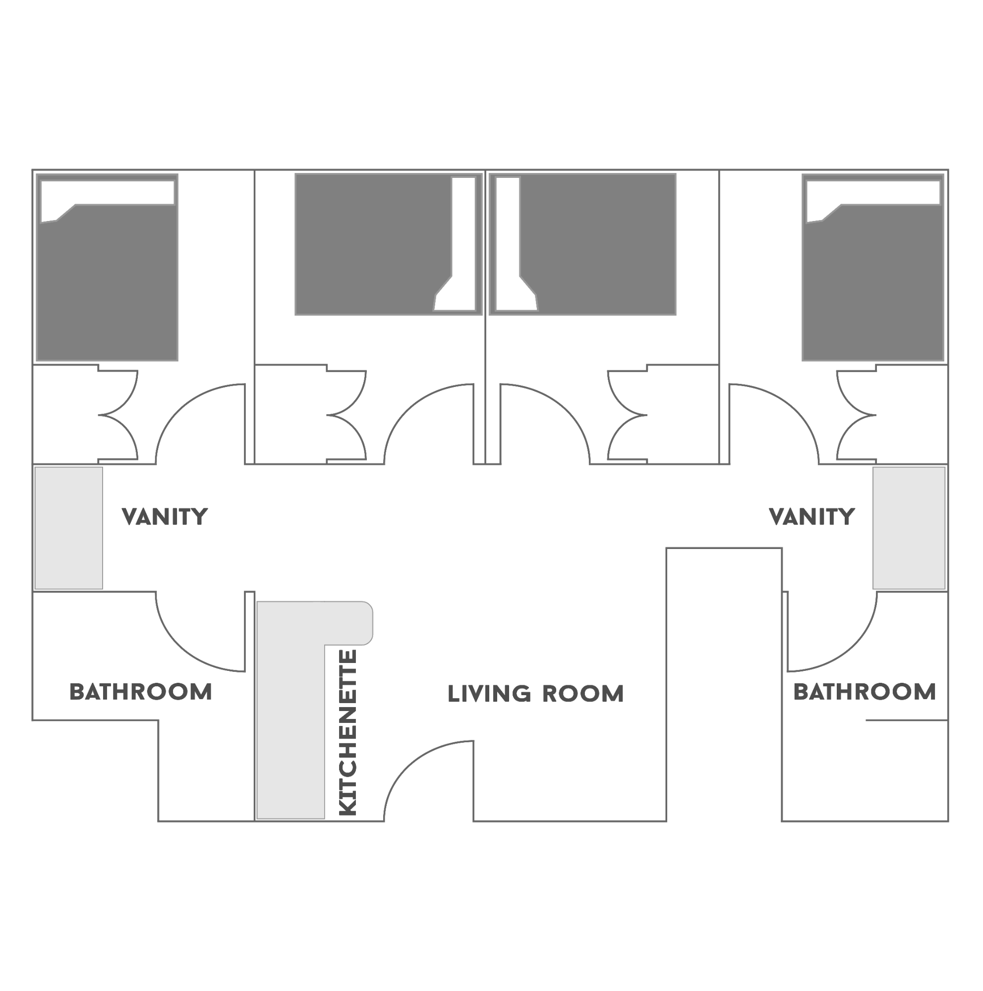 4 Bedroom/2 Bathroom floor plan for Cross Village. All of the furniture is movable to allow residents to individualize their space. This floor plan comes with a full-size bed. Residents share a bathroom with their roommate(s) but have a private bedroom. Residents share the responsibility of cleaning their bathroom and the common areas. Fully furnished living area includes couch, coffee table, end table and entertainment console (TV not included). Kitchenette includes sink, refrigerator, microwave and chairs.