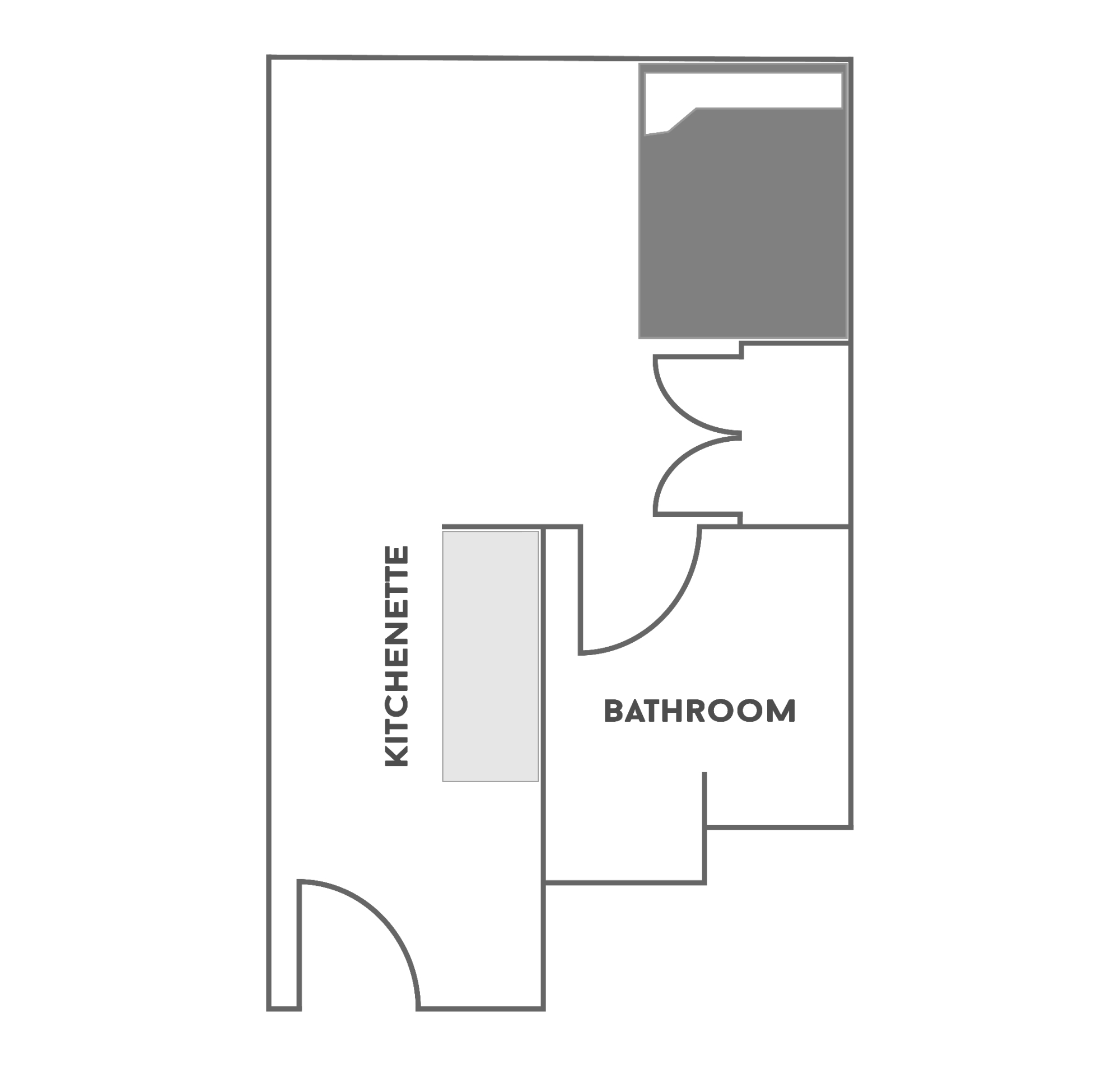 1 Bedroom/1 Bathroom floor plan for Cross Village. All of the furniture is movable to allow residents to individualize their space. This floor plan comes with a full-size bed. Residents have a private bedroom. Residents share the responsibility of cleaning their bathroom and the common areas. Fully furnished living area includes chairs, end table and entertainment console (TV not included). Kitchenette includes sink, refrigerator and microwave. Floor plan also includes entryway desk with chair.