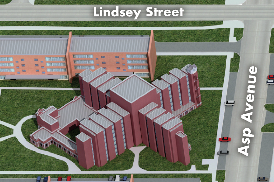 Map of David L. Boren Hall. A bird's-eye view shows that DLB is directly south of the South Oval. DLB resides on the west side of Asp Avenue.