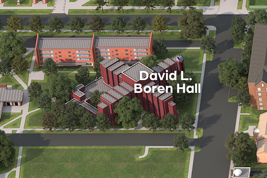 Map of David L. Boren Hall. A bird's-eye view shows that DLB is directly south of the South Oval. DLB resides on the west side of Asp Avenue.