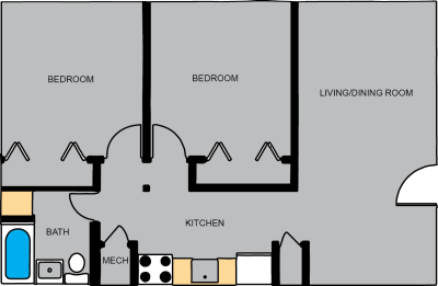 Floor plan for a 2 Bedroom/1 Bathroom in Kraettli Apartments. The floor plan shows two individual bedrooms and a living/dining room. The kitchen has a refrigerator, microwave, sink and stove. There is a mechanical closet. There is one bathroom with a toilet, sink and bathtub.