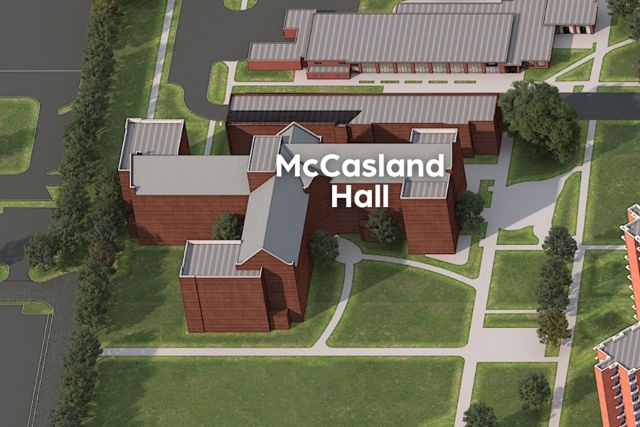 Map of McCasland Hall. A bird's-eye view shows that McCasland Hall is at the corner of Maple Avenue and Third Street. 