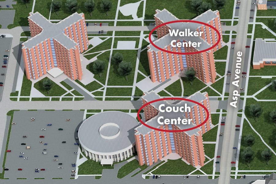 Map of Couch and Walker Center. A bird's-eye view shows that Walker Center is directly north of Couch Center. Both residence halls reside on the west side of Asp Avenue.