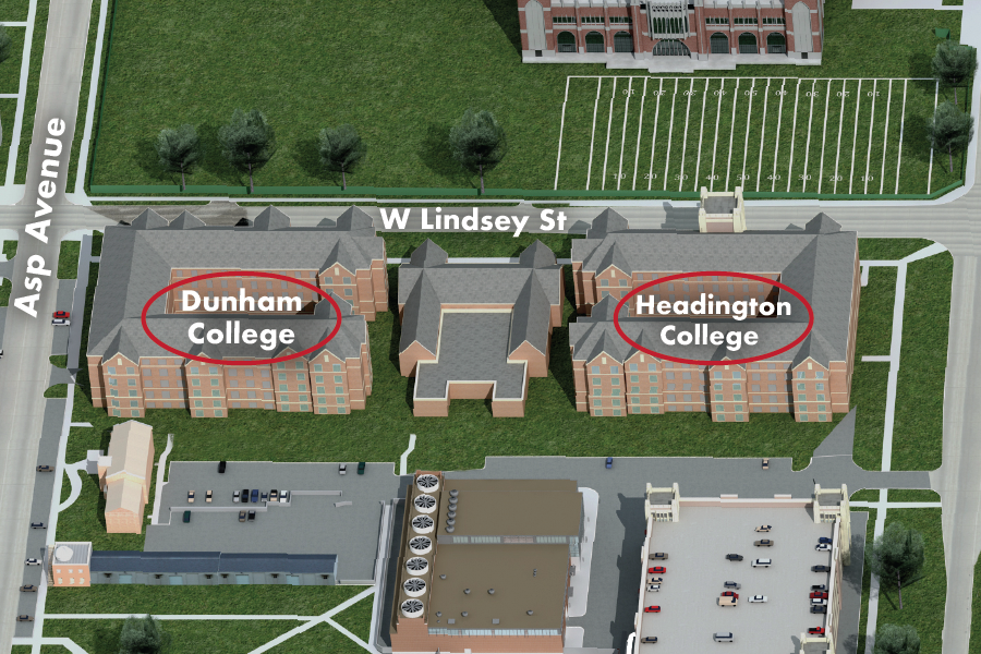 Map of Dunham and Headington Colleges. A bird's-eye view shows that Dunham College is directly west of Headington College. The Residential Colleges are to the east of Asp Avenue and the south of W. Lindsey Street.