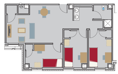 Floor plan for a Three Bedroom with Living and Bath in the Residential Colleges. The floor plan shows three bedrooms. Each has a full-size bed, a desk with a chair, a dresser and a closet. The living room has a couch, two lounging chairs, table, a television stand and a round table with four chairs. A double sink sits in the hallway. There is a bathroom with a toilet and a shower.