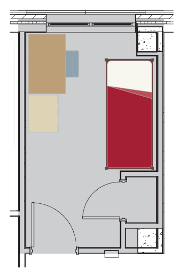 Floor plan for a One Bed Single in the Residential Colleges.  The room shows a full-size bed, a desk with a chair, a dresser and a closet.