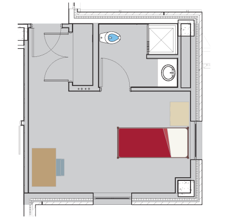 Floor plan for a One Bed with Bath in the Residential Colleges. The room shows a full-size bed, a desk with a chair, a dresser and a closet. The bathroom has a toilet, sink and shower.