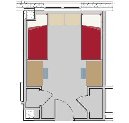 Floor plan for a Two Bed Double in the Residential Colleges. The room shows two full-size beds, two desks with chairs, two dressers and two closets.
