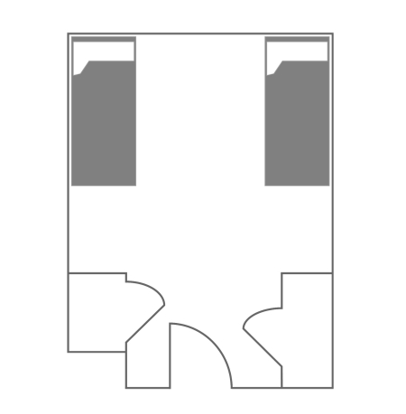Floor plan for a Two Bed Double in the Residential Colleges. The room shows two full-size beds, two desks with chairs, two dressers and two closets.