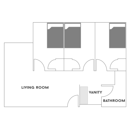 Floor plan for a Three Bedroom with Living and Bath in the Residential Colleges. The floor plan shows three bedrooms. Each has a full-size bed, a desk with a chair, a dresser and a closet. The living room has a couch, two lounging chairs, table, a television stand and a round table with four chairs. A double sink sits in the hallway. There is a bathroom with a toilet and a shower.