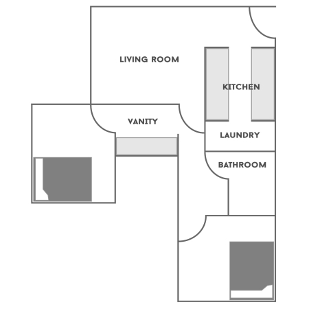 Floor plan for a 2 Bedroom/1 Bathroom at Traditions Square. The floor plan shows two bedrooms. Each bedroom has a full-size bed, a desk with a chair, a dresser and a closet. There is one bathroom which has a toilet and bathtub. A double sink exists in the hallway. The living room has a couch, lounging chair and three tables. The kitchen has a bar with stools, sink, stove, microwave and refrigerator. The laundry room has a washer and dryer.