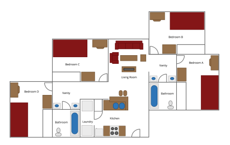 Floor plan for a 4 Bedroom/2 Bathroom at Traditions Square. The floor plan shows four bedrooms (A, B, C and D). Each bedroom has a full-size bed, a desk with a chair, a dresser and a closet. There are two bathrooms. Each has a toilet and bathtub. There are two hallway entries to the bathroom. Each has a double sink in the area. The living room has a couch, lounging chair and two tables. The kitchen has a bar with stools, sink, stove, microwave and refrigerator. The laundry room has a washer and dryer.