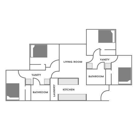 Floor plan for a 4 Bedroom/2 Bathroom at Traditions Square. The floor plan shows four bedrooms (A, B, C and D). Each bedroom has a full-size bed, a desk with a chair, a dresser and a closet. There are two bathrooms. Each has a toilet and bathtub. There are two hallway entries to the bathroom. Each has a double sink in the area. The living room has a couch, lounging chair and two tables. The kitchen has a bar with stools, sink, stove, microwave and refrigerator. The laundry room has a washer and dryer.