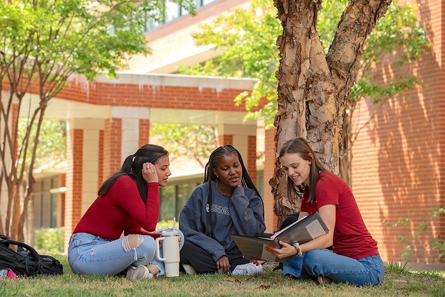 Three female students sitting outside studying