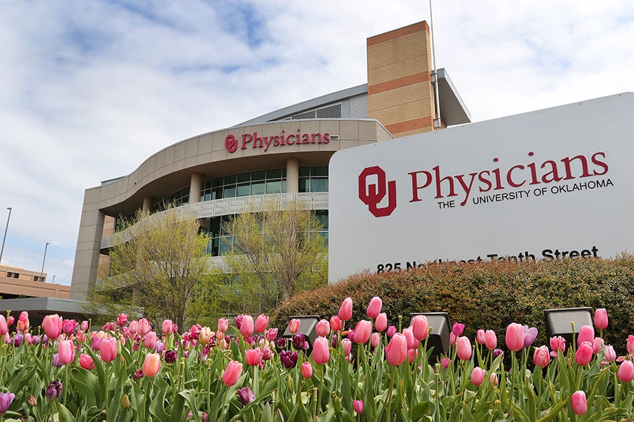 OUHSC Physicians building with the tulips garden in front
