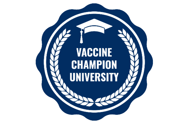 "Vaccine Champion University" seal with mortar cap and laurel design