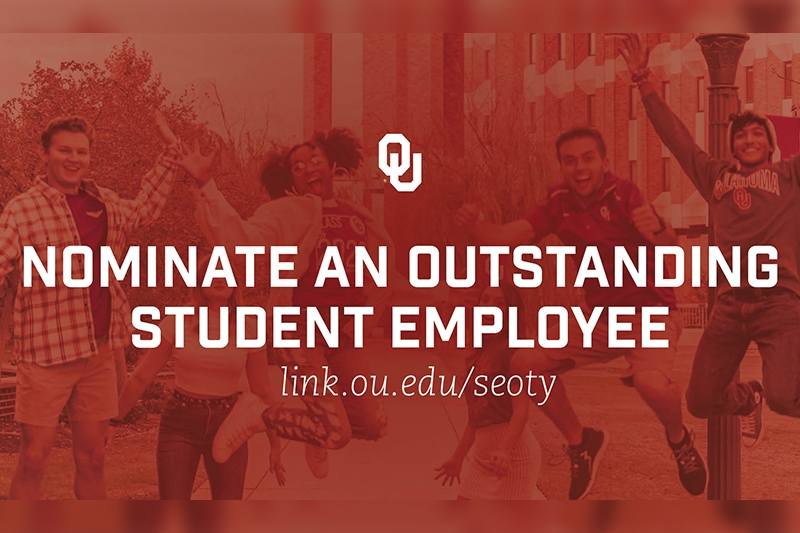 Nominate an Outstanding Student Employee text over red-shifted image of students on campus